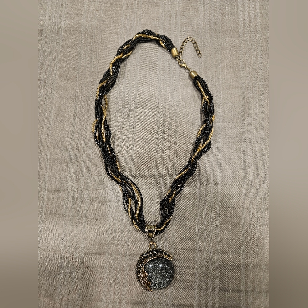 Vintage Black and Gold Braided Necklace with Pendant